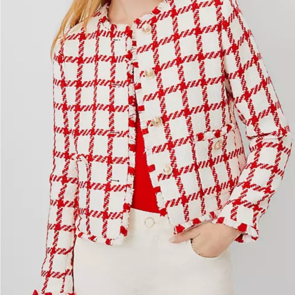 Ann Taylor Plaid Fringe Tweed Jacket – Size 6P